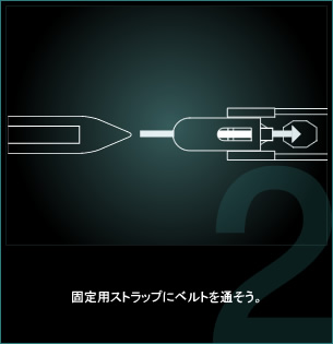 固定用ストラップにベルトを通そう。