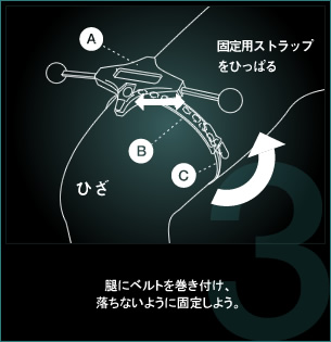 腿にベルトを巻き付け、落ちないように固定しよう。