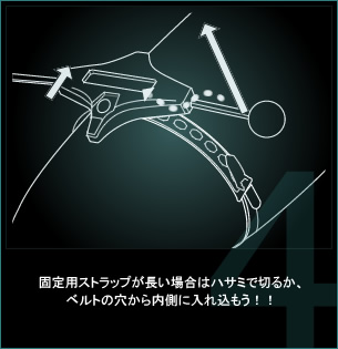 固定用ストラップが長い場合はハサミで切るか、ベルトの穴から内側に入れ込もう！！